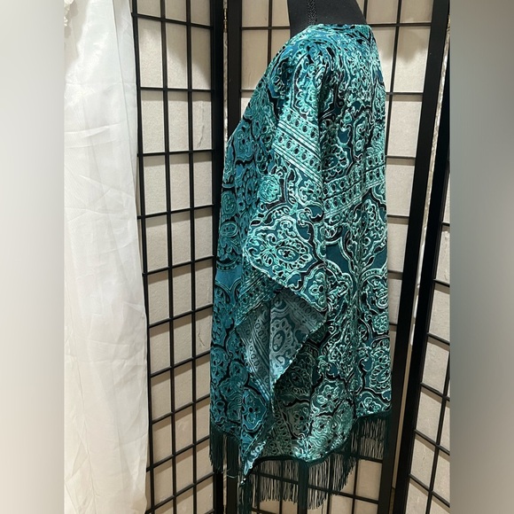 Chico's Teal and Black Patterned BURNOUT VELVET KIMONO, BOHO Blouse S/M - Picture 5 of 10